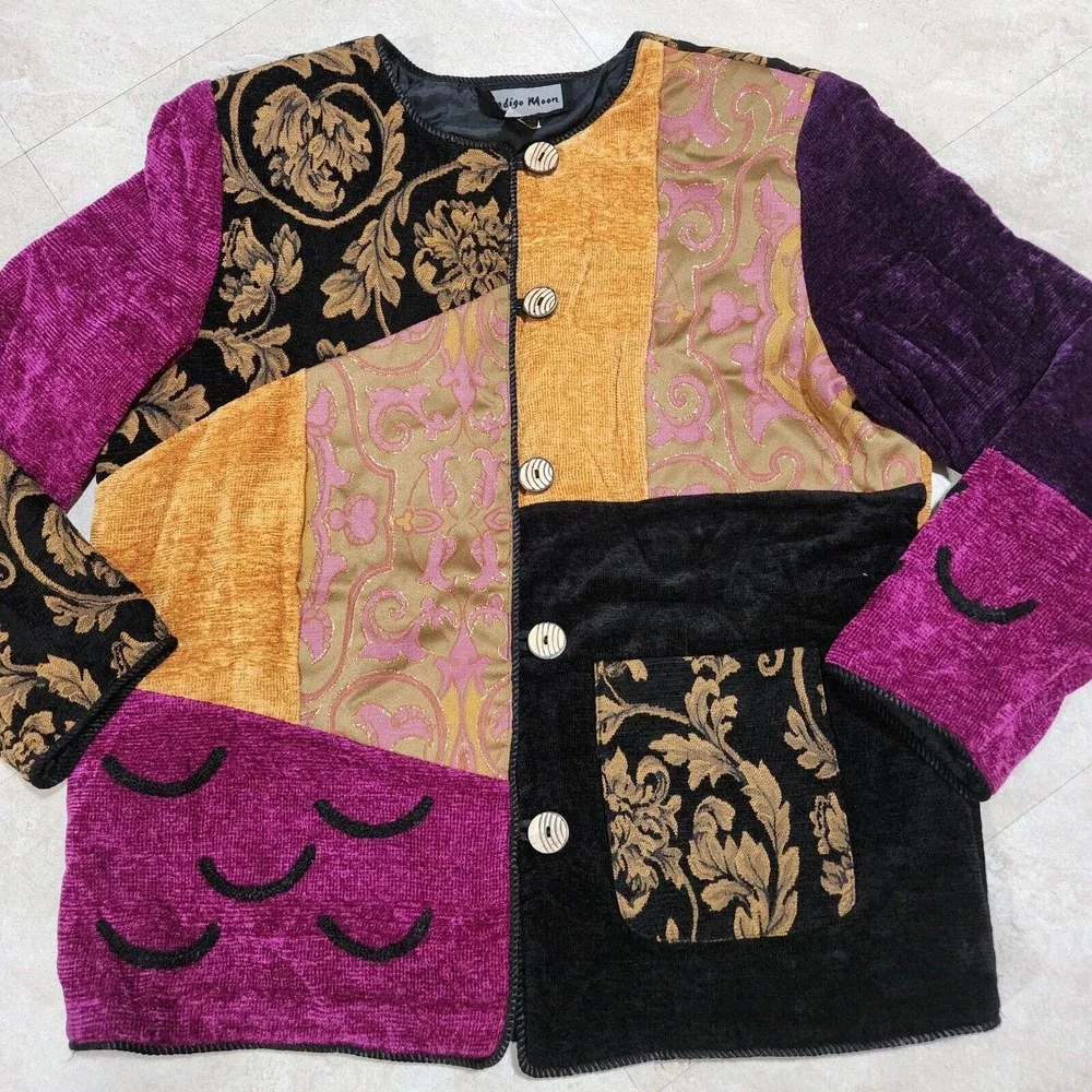 VTG Indigo Moon Womens L Large Tapestry Colorful Artwear Button Up‎ Jacket